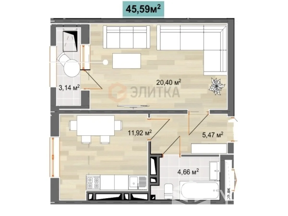 1-к. квартира, 46 м² — фото 1