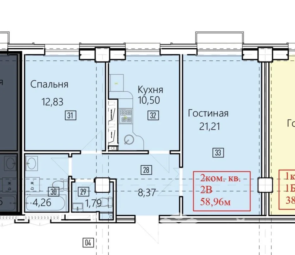 2-к. квартира, 59 м² — фото 1