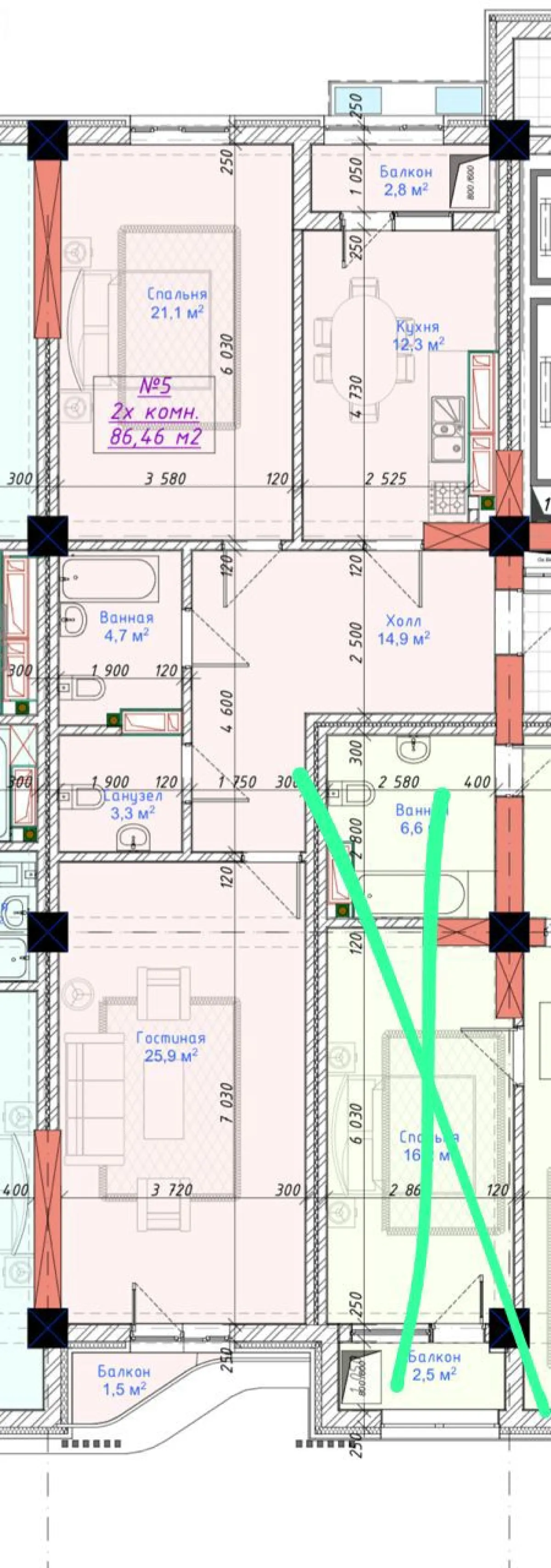 2-к. квартира, 86 м² — фото 1